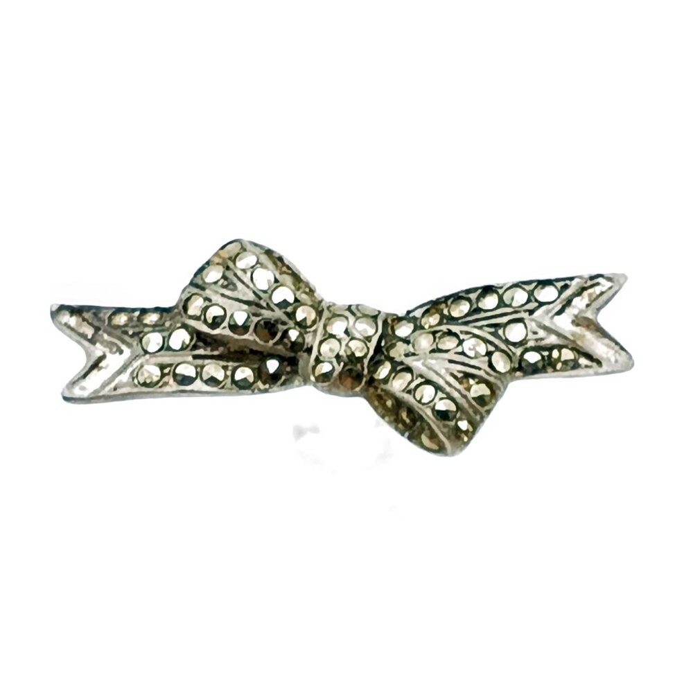 Vintage Sterling Silver Bow Brooch with Marcasite Sparkle and C Clasp